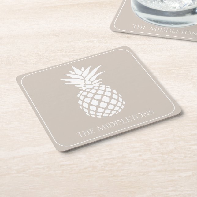 Preppy White Pineapple on Beige Square Paper Coaster (Angled)