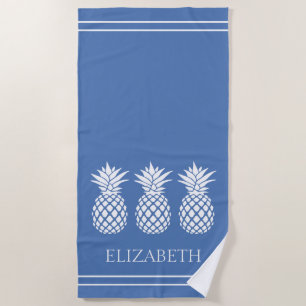 Preppy White Pineapple on Blue Beach Towel