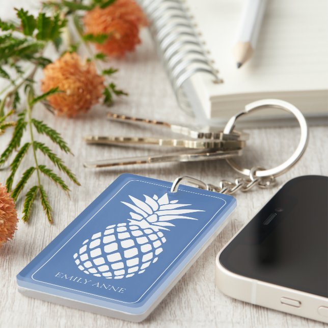 Preppy White Pineapple on Blue Key Ring (Front Right)
