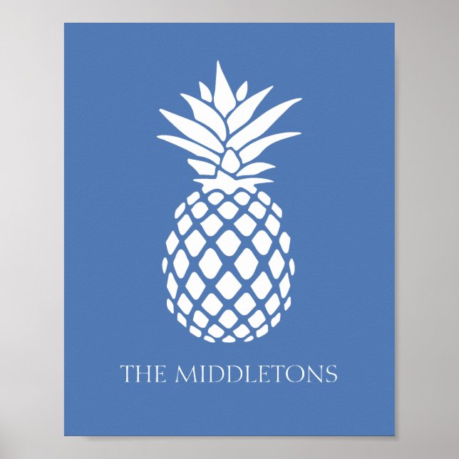 Preppy White Pineapple on Blue Poster (Front)