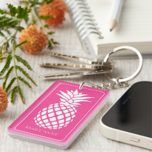 Preppy White Pineapple on Pink Key Ring
