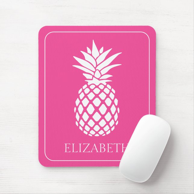 Preppy White Pineapple on Pink Mouse Mat (With Mouse)