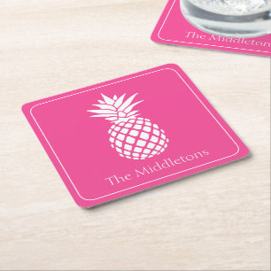 Preppy White Pineapple on Pink Square Paper Coaster