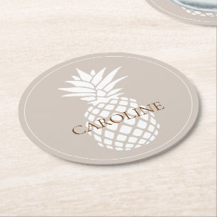 Preppy White Pineapples on Beige Round Paper Coaster