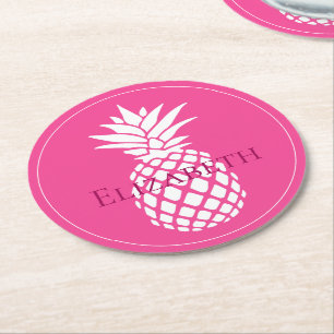 Preppy White Pineapples on Pink Round Paper Coaster