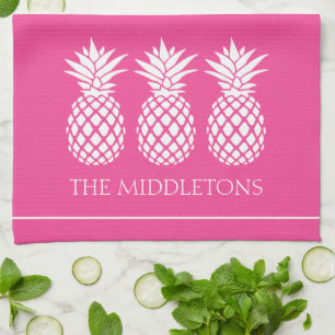 Preppy White Pineapples on Pink Tea Towel