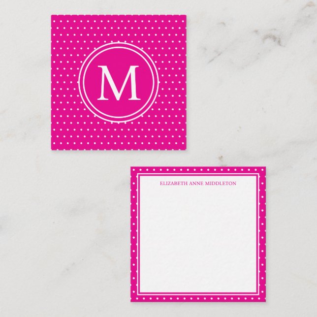 Preppy White Polka Dots on Bright Pink Monogram Card (Front/Back)