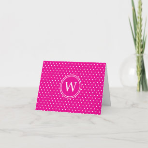 Preppy White Polka Dots on Bright Pink Monogram Note Card