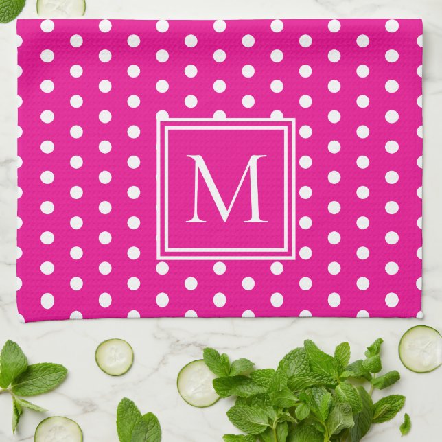 Preppy White Polka Dots on Bright Pink Monogram Tea Towel (Folded)