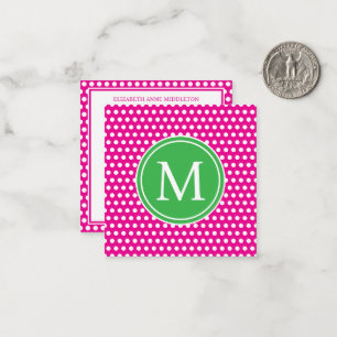 Preppy White Polka Dots on Pink and Green Monogram Card
