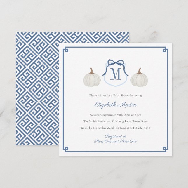 Preppy White Pumpkin Monogram Baby Boy Shower Invitation (Front/Back)