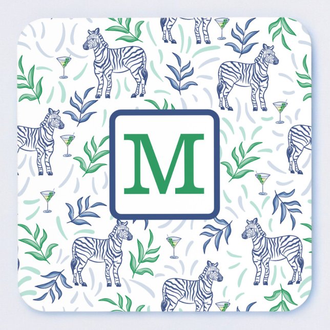 Preppy White Zebra Martinis Green Monogram Coaster (Creator Uploaded)