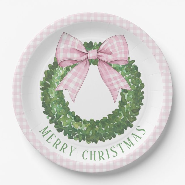 Preppy Wreath with Pink Gingham Bow  Paper Plate (Front)