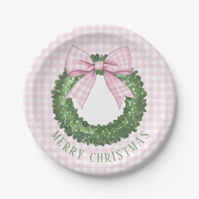 Preppy Wreath with Pink Gingham Bow  Paper Plate (Front)