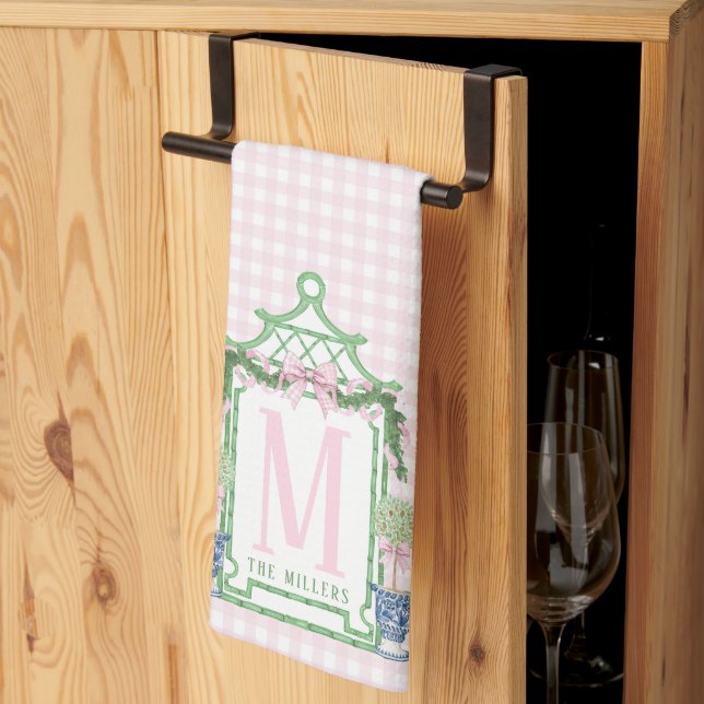 Preppy Wreath with Pink Gingham Bow  Tea Towel (Thirds Fold)