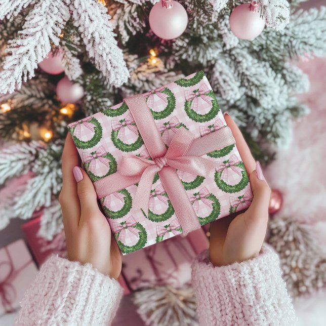Preppy Wreath with Pink Gingham Bow  Wrapping Paper (Creator Uploaded)