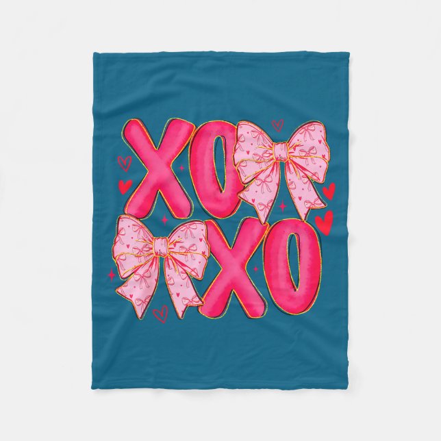 Preppy Xoxo Coquette Bow Hearts Valentine's Day Wo Fleece Blanket (Front)