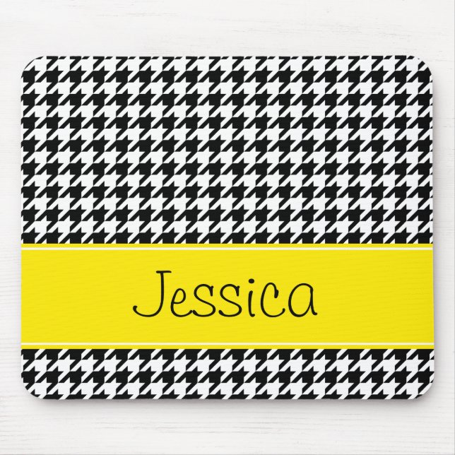 Preppy Yellow and Black Houndstooth Personalised Mouse Mat (Front)