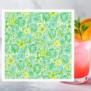 Preppy Yellow and Green Lion With Flowers Coastal Napkin