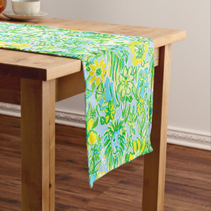 Preppy Yellow and Green Lion With Flowers Coastal Short Table Runner