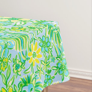 Preppy Yellow and Green Lion With Flowers Coastal Tablecloth