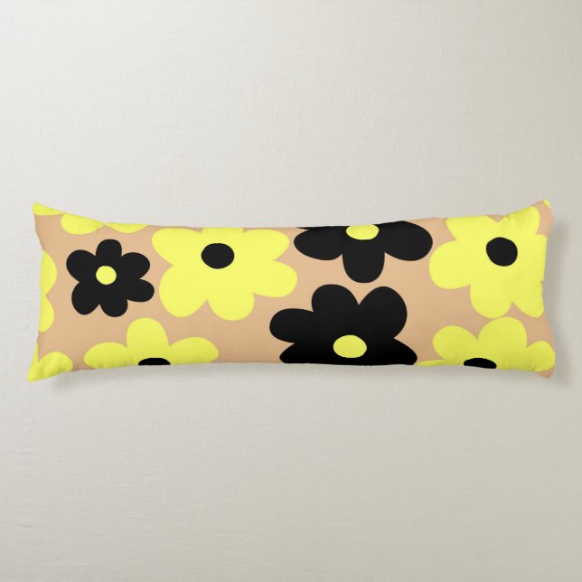 Preppy Yellow Black Floral Simple Flower Pattern Body Cushion (Front)