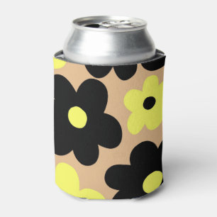 Preppy Yellow Black Hippie Flower Pattern Can Cooler