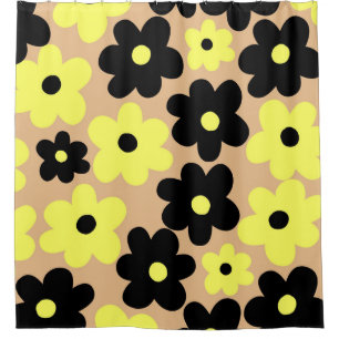 Preppy Yellow Black Hippie Flower Pattern Shower Curtain