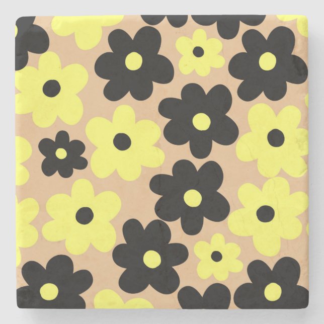 Preppy Yellow Black Hippie Flower Pattern Stone Coaster (Front)