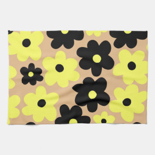 Preppy Yellow Black Hippie Flower Pattern Tea Towel