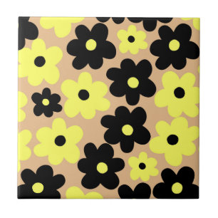 Preppy Yellow Black Hippie Flower Pattern Tile