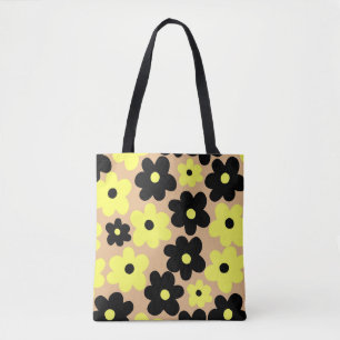 Preppy Yellow Black Hippie Flower Pattern Tote Bag