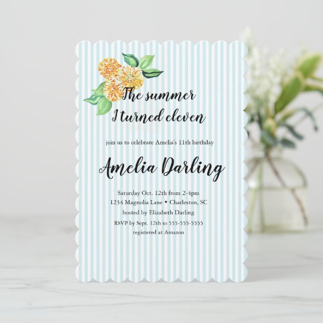 Preppy Yellow Flower Stripe Summer I turned Eleven Invitation (Standing Front)