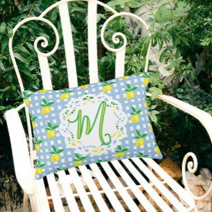 Preppy Yellow Lemons Blue White Check Monogram Decorative Cushion