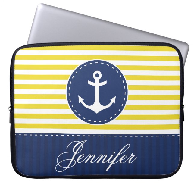 Preppy Yellow Navy Nautical Anchor Custom Name Laptop Sleeve (Front)