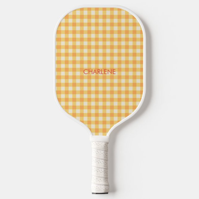 Preppy Yellow Orange Ish Gingham Plaid Pickleball Paddle (Front)