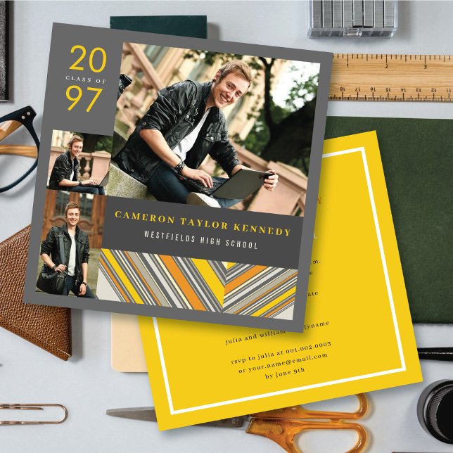 Preppy Yellow Pin Stripes Photo Graduation Party Invitation (Creator Uploaded)