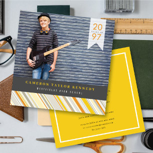 Preppy Yellow Pin Stripes Photo Graduation Party Invitation