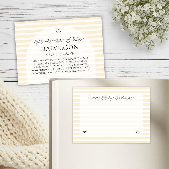 Preppy Yellow Stripes Baby Shower Book Request Enclosure Card (elegant butter yellow and white baby shower book request card insert with back doubles as gift tag.)