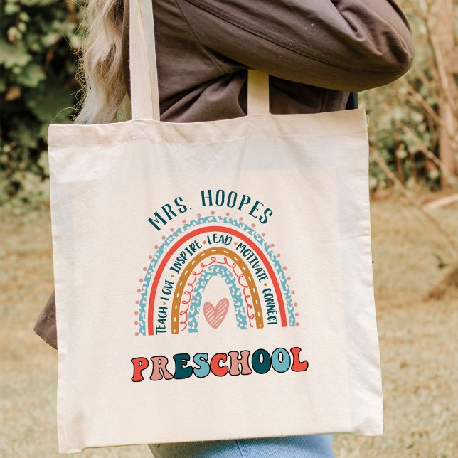 Preschool Boho Rainbow Heart Personalised Teacher Tote Bag (Creator Uploaded)