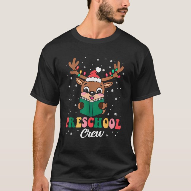 Preschool Crew Xmas Funny Reindeer Teacher Student T-Shirt (Front)