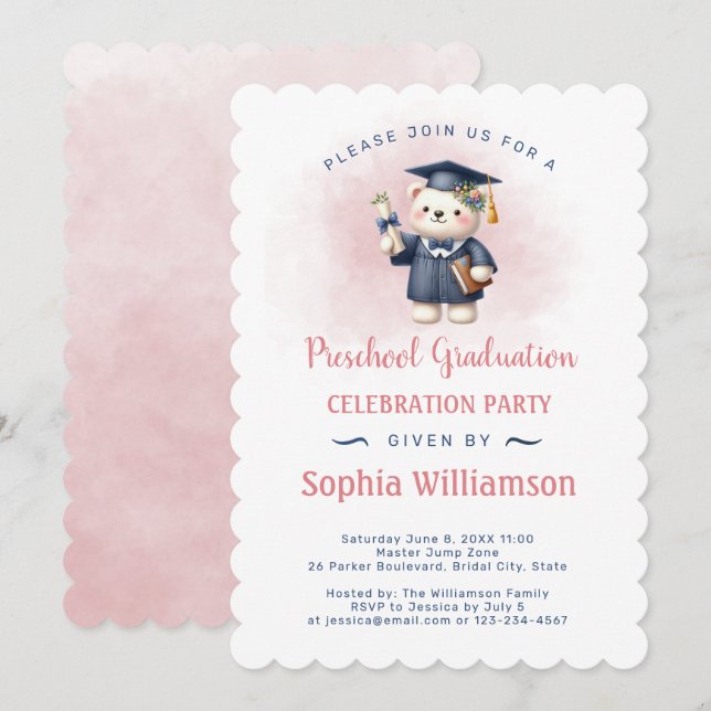 Preschool Girl Graduation Teddy Bear Invitation (Front/Back)