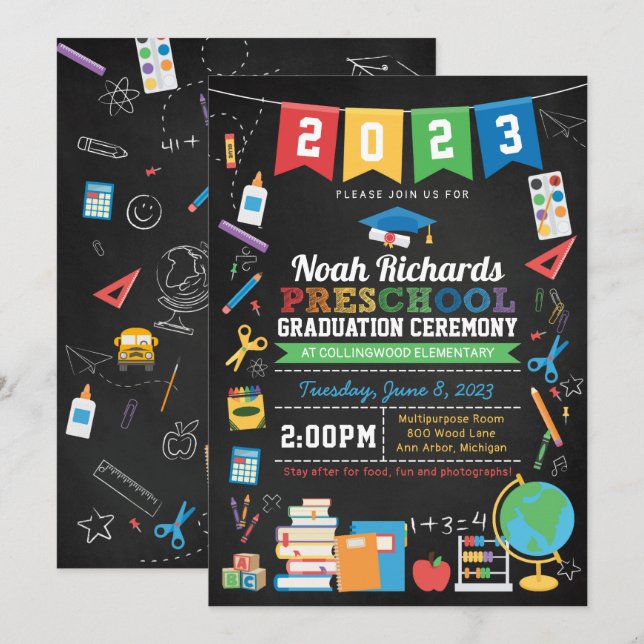 Preschool Graduation Bunting & Chalkboard Invitation (Front/Back)