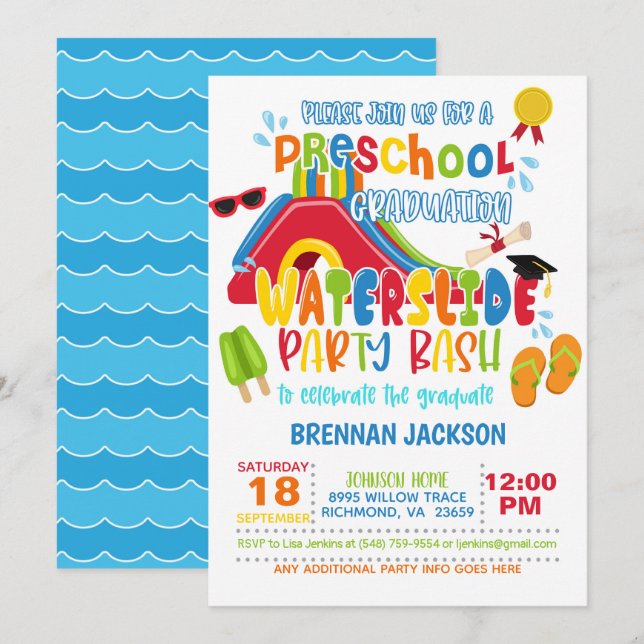 Preschool Graduation Waterslide Party - Boy Invitation (Front/Back)