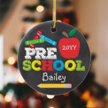 Preschool Keepsake Chalkboard Colourful Kids Photo Ceramic Tree Decoration<br><div class="desc">Pre-K ornament design features an apple, a ruler, crayons and bold, colourful fun typography on the front and a full-photo on the back! Click the customise button for more options for modifying the text! Variations of this design, additional colours, as well as coordinating products are available in our shop, zazzle.com/store/doodlelulu....</div>