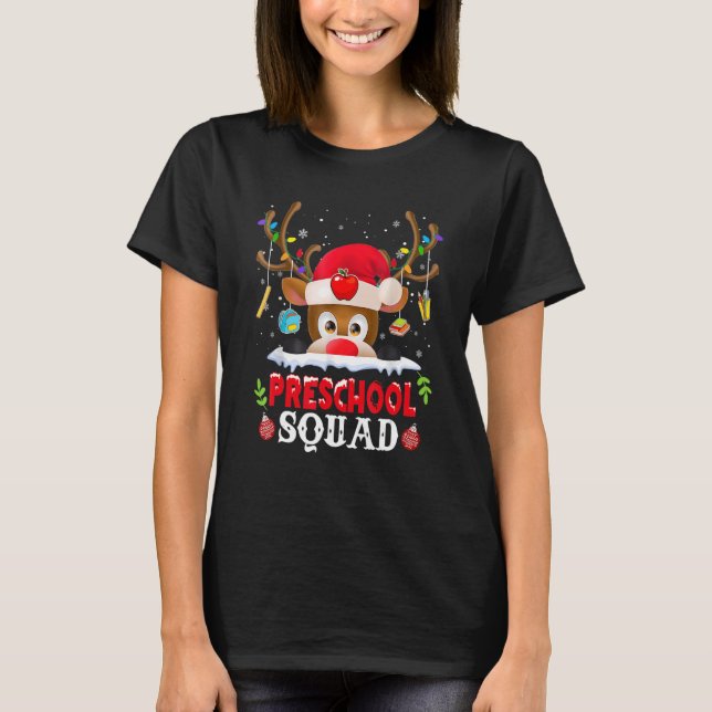 Preschool Squad Plaid Reindeer Santa Hat Teacher C T-Shirt (Front)