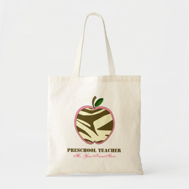 Preschool Teacher Bag - Brown Zebra Print Apple (Front)