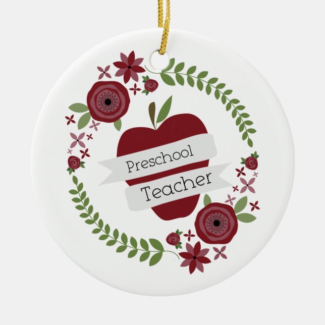 Preschool Teacher  Floral Wreath Red Apple Ceramic Tree Decoration (Front)