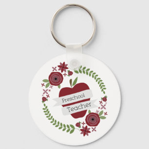 Preschool Teacher  Floral Wreath Red Apple Key Ring