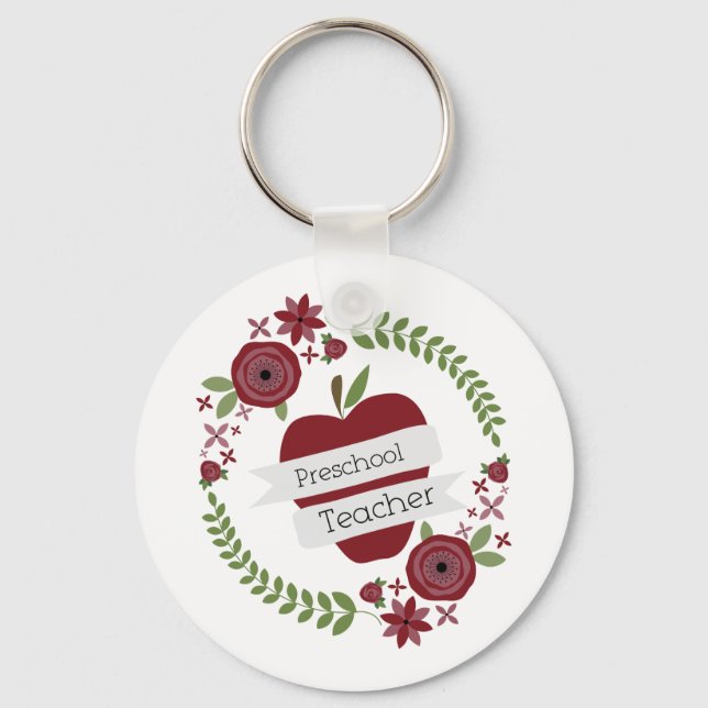 Preschool Teacher  Floral Wreath Red Apple Key Ring (Front)